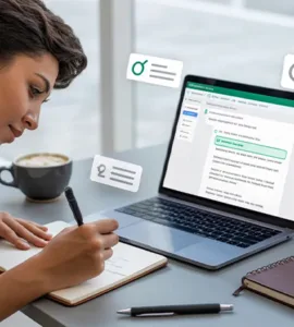 Grammarly : image ou photo moderne et professionnelle avec :un ordinateur portable ouvert affichant l’interface de Grammarly, une personne débutante en train d’écrire avec un air concentré,😊 des corrections vertes visibles sur l’écran, carnet, café, stylo, icônes de correction.