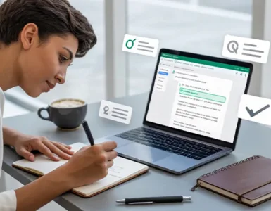 Grammarly : image ou photo moderne et professionnelle avec :un ordinateur portable ouvert affichant l’interface de Grammarly, une personne débutante en train d’écrire avec un air concentré,😊 des corrections vertes visibles sur l’écran, carnet, café, stylo, icônes de correction.