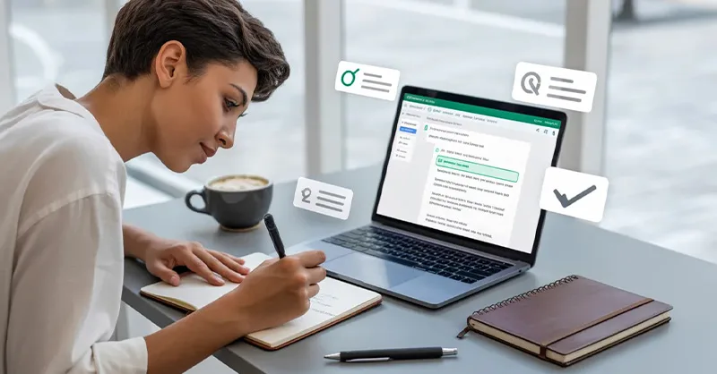 Grammarly : image ou photo moderne et professionnelle avec :un ordinateur portable ouvert affichant l’interface de Grammarly, une personne débutante en train d’écrire avec un air concentré,😊 des corrections vertes visibles sur l’écran, carnet, café, stylo, icônes de correction.
