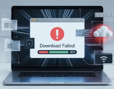 Impossible de télécharger : image ou photo montrant un ordinateur portable affichant une fenêtre de téléchargement bloqué avec un symbole d’erreur rouge.