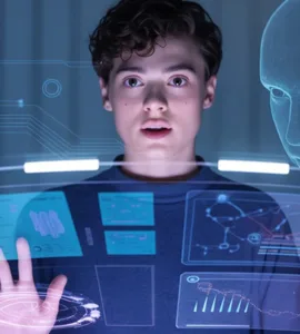 Kimi IA : image ou photo d'un jeune homme devant un écran holographique futuriste, avec une interface d'intelligence artificielle affichant des documents, graphiques et données en arrière-plan.