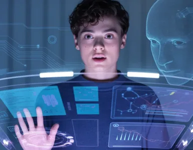 Kimi IA : image ou photo d'un jeune homme devant un écran holographique futuriste, avec une interface d'intelligence artificielle affichant des documents, graphiques et données en arrière-plan.