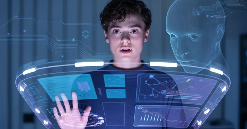 Kimi IA : image ou photo d'un jeune homme devant un écran holographique futuriste, avec une interface d'intelligence artificielle affichant des documents, graphiques et données en arrière-plan.