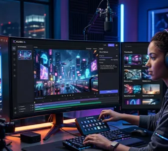 Kling AI : image ou photo représentant une scène futuriste et réaliste montrant un créateur de contenu assis devant plusieurs écrans affichant des vidéos générées par intelligence artificielle 🎬. Sur l’écran principal, une vidéo ultra réaliste d’une ville cyberpunk lumineuse est en cours de création avec l’interface de Kling AI visible.