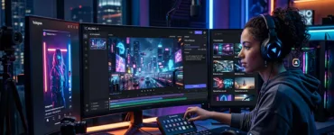 Kling AI : image ou photo représentant une scène futuriste et réaliste montrant un créateur de contenu assis devant plusieurs écrans affichant des vidéos générées par intelligence artificielle 🎬. Sur l’écran principal, une vidéo ultra réaliste d’une ville cyberpunk lumineuse est en cours de création avec l’interface de Kling AI visible.