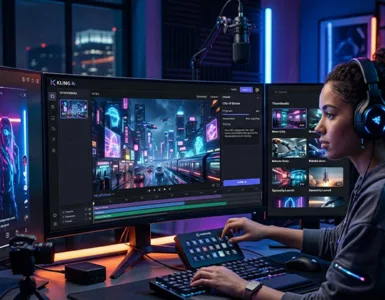 Kling AI : image ou photo représentant une scène futuriste et réaliste montrant un créateur de contenu assis devant plusieurs écrans affichant des vidéos générées par intelligence artificielle 🎬. Sur l’écran principal, une vidéo ultra réaliste d’une ville cyberpunk lumineuse est en cours de création avec l’interface de Kling AI visible.