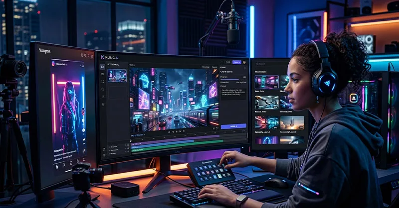 Kling AI : image ou photo représentant une scène futuriste et réaliste montrant un créateur de contenu assis devant plusieurs écrans affichant des vidéos générées par intelligence artificielle 🎬. Sur l’écran principal, une vidéo ultra réaliste d’une ville cyberpunk lumineuse est en cours de création avec l’interface de Kling AI visible.