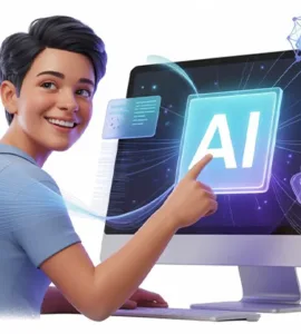 Lovable AI : image ou photo d'un personnage jeune souriant denant un ordinateur avec une interface d'intelligence artificielle lumineuse et intuitive.