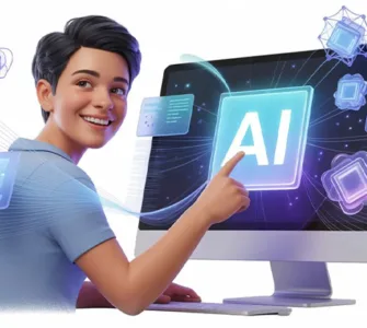 Lovable AI : image ou photo d'un personnage jeune souriant denant un ordinateur avec une interface d'intelligence artificielle lumineuse et intuitive.