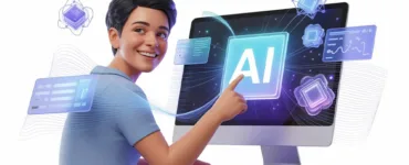 Lovable AI : image ou photo d'un personnage jeune souriant denant un ordinateur avec une interface d'intelligence artificielle lumineuse et intuitive.