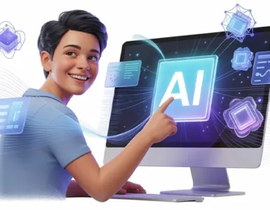 Lovable AI : image ou photo d'un personnage jeune souriant denant un ordinateur avec une interface d'intelligence artificielle lumineuse et intuitive.