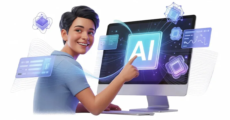 Lovable AI : image ou photo d'un personnage jeune souriant denant un ordinateur avec une interface d'intelligence artificielle lumineuse et intuitive.
