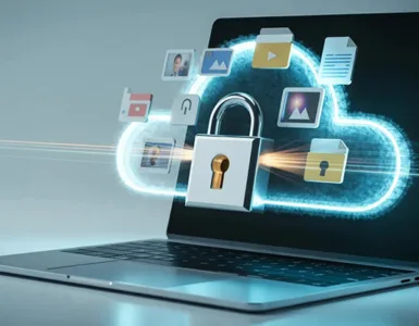 MEGA outil de stockage gratuit : image ou photo d'un ordinateur portable ouvert avec un nuage numérique au-dessus de l’écran. Dans ce nuage, on voit des fichiers (photos, PDF, vidéos) protégés par un gros cadenas lumineux.
