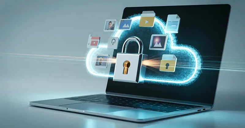 MEGA outil de stockage gratuit : image ou photo d'un ordinateur portable ouvert avec un nuage numérique au-dessus de l’écran. Dans ce nuage, on voit des fichiers (photos, PDF, vidéos) protégés par un gros cadenas lumineux.