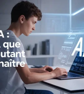 Manus IA : image ou photo d'un jeune débutant utilise un ordinateur portable avec une interface d'intelligence artificielle lumineuse et simple.
