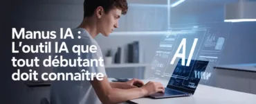 Manus IA : image ou photo d'un jeune débutant utilise un ordinateur portable avec une interface d'intelligence artificielle lumineuse et simple.