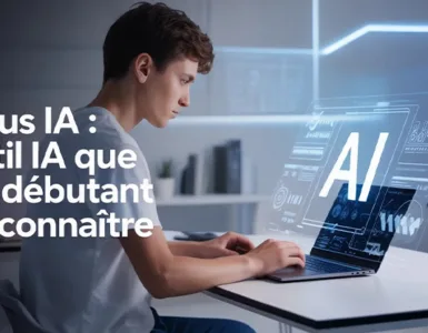 Manus IA : image ou photo d'un jeune débutant utilise un ordinateur portable avec une interface d'intelligence artificielle lumineuse et simple.