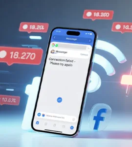 Messages Facebook : image ou photo d'n smartphone au centre avec l’application Messenger affichant un message d’erreur et un écran bloqué. Autour, des icônes de notification rouges, symbole Wi-Fi instable et logo Facebook discret.