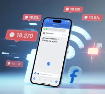 Messages Facebook : image ou photo d'n smartphone au centre avec l’application Messenger affichant un message d’erreur et un écran bloqué. Autour, des icônes de notification rouges, symbole Wi-Fi instable et logo Facebook discret.