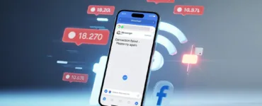 Messages Facebook : image ou photo d'n smartphone au centre avec l’application Messenger affichant un message d’erreur et un écran bloqué. Autour, des icônes de notification rouges, symbole Wi-Fi instable et logo Facebook discret.