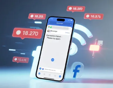 Messages Facebook : image ou photo d'n smartphone au centre avec l’application Messenger affichant un message d’erreur et un écran bloqué. Autour, des icônes de notification rouges, symbole Wi-Fi instable et logo Facebook discret.
