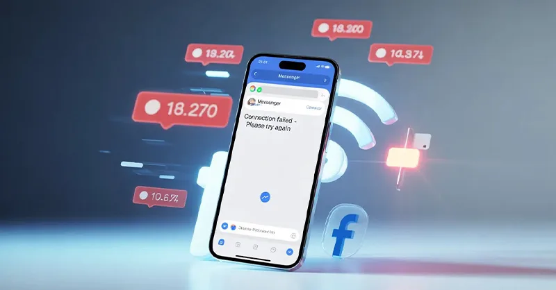 Messages Facebook : image ou photo d'n smartphone au centre avec l’application Messenger affichant un message d’erreur et un écran bloqué. Autour, des icônes de notification rouges, symbole Wi-Fi instable et logo Facebook discret.
