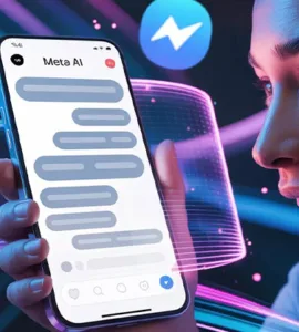 Meta AI : image ou photo d'un smartphone affichant une conversation avec Meta AI les logos WhatsApp, Messenger et Instagram en arrière-plan.