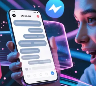 Meta AI : image ou photo d'un smartphone affichant une conversation avec Meta AI les logos WhatsApp, Messenger et Instagram en arrière-plan.