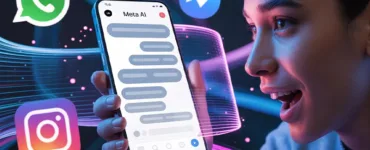 Meta AI : image ou photo d'un smartphone affichant une conversation avec Meta AI les logos WhatsApp, Messenger et Instagram en arrière-plan.