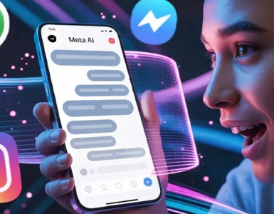 Meta AI : image ou photo d'un smartphone affichant une conversation avec Meta AI les logos WhatsApp, Messenger et Instagram en arrière-plan.