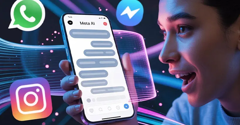 Meta AI : image ou photo d'un smartphone affichant une conversation avec Meta AI les logos WhatsApp, Messenger et Instagram en arrière-plan.