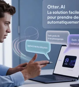 Otter.ai : image ou photo montrant un jeune professionnel concentré dans une réunion vidéo sur ordinateur portable pendant qu’une intelligence artificielle transforme automatiquement la voix en texte visible à l’écran. Ajouter des éléments futuristes subtils comme des ondes vocales, des bulles de transcription et une interface IA élégante.