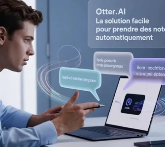 Otter.ai : image ou photo montrant un jeune professionnel concentré dans une réunion vidéo sur ordinateur portable pendant qu’une intelligence artificielle transforme automatiquement la voix en texte visible à l’écran. Ajouter des éléments futuristes subtils comme des ondes vocales, des bulles de transcription et une interface IA élégante.