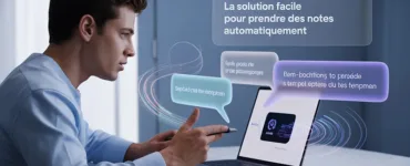 Otter.ai : image ou photo montrant un jeune professionnel concentré dans une réunion vidéo sur ordinateur portable pendant qu’une intelligence artificielle transforme automatiquement la voix en texte visible à l’écran. Ajouter des éléments futuristes subtils comme des ondes vocales, des bulles de transcription et une interface IA élégante.