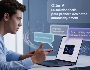 Otter.ai : image ou photo montrant un jeune professionnel concentré dans une réunion vidéo sur ordinateur portable pendant qu’une intelligence artificielle transforme automatiquement la voix en texte visible à l’écran. Ajouter des éléments futuristes subtils comme des ondes vocales, des bulles de transcription et une interface IA élégante.
