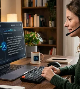Outils IA de transcription audio : image ou photo d'une personne assise devant un ordinateur portable avec un casque audio. Sur l’écran, on voit des ondes sonores qui se transforment progressivement en texte grâce à une interface futuriste d’intelligence artificielle.
