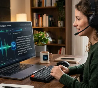 Outils IA de transcription audio : image ou photo d'une personne assise devant un ordinateur portable avec un casque audio. Sur l’écran, on voit des ondes sonores qui se transforment progressivement en texte grâce à une interface futuriste d’intelligence artificielle.