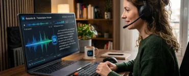 Outils IA de transcription audio : image ou photo d'une personne assise devant un ordinateur portable avec un casque audio. Sur l’écran, on voit des ondes sonores qui se transforment progressivement en texte grâce à une interface futuriste d’intelligence artificielle.