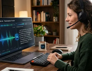 Outils IA de transcription audio : image ou photo d'une personne assise devant un ordinateur portable avec un casque audio. Sur l’écran, on voit des ondes sonores qui se transforment progressivement en texte grâce à une interface futuriste d’intelligence artificielle.