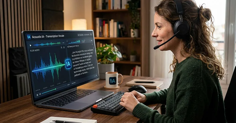Outils IA de transcription audio : image ou photo d'une personne assise devant un ordinateur portable avec un casque audio. Sur l’écran, on voit des ondes sonores qui se transforment progressivement en texte grâce à une interface futuriste d’intelligence artificielle.