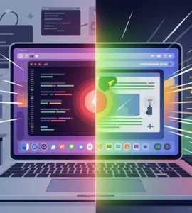 PC lent : image ou photo d'un ordinateur portable affichant un écran bloqué ou très lent d’un côté 😩, puis le même ordinateur ultra fluide et rapide de l’autre côté.