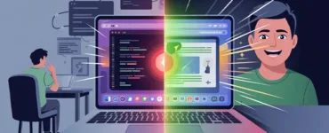 PC lent : image ou photo d'un ordinateur portable affichant un écran bloqué ou très lent d’un côté 😩, puis le même ordinateur ultra fluide et rapide de l’autre côté.