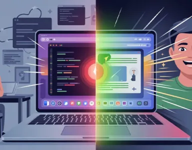 PC lent : image ou photo d'un ordinateur portable affichant un écran bloqué ou très lent d’un côté 😩, puis le même ordinateur ultra fluide et rapide de l’autre côté.
