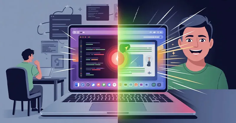 PC lent : image ou photo d'un ordinateur portable affichant un écran bloqué ou très lent d’un côté 😩, puis le même ordinateur ultra fluide et rapide de l’autre côté.