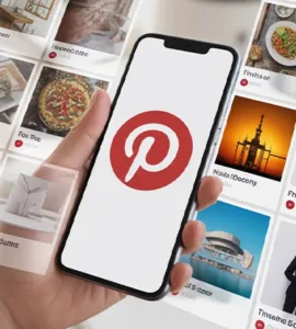 Pinterest : image ou photo d'un smartphone affichant l’application Pinterest avec des épingles colorées autour.