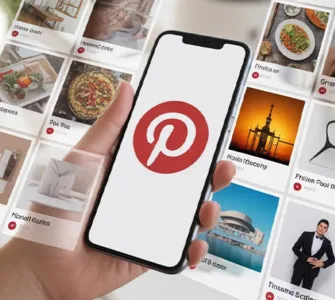 Pinterest : image ou photo d'un smartphone affichant l’application Pinterest avec des épingles colorées autour.