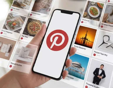 Pinterest : image ou photo d'un smartphone affichant l’application Pinterest avec des épingles colorées autour.