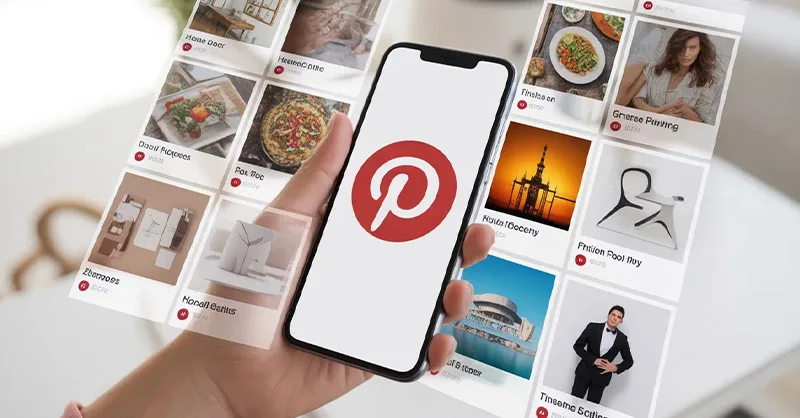 Pinterest : image ou photo d'un smartphone affichant l’application Pinterest avec des épingles colorées autour.
