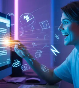 Playground : image ou photo représentant une personne assise devant un ordinateur avec une expression de surprise et de satisfaction. L’écran affiche une interface futuriste lumineuse avec du texte qui se génère tout seul.
