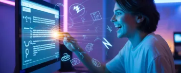 Playground : image ou photo représentant une personne assise devant un ordinateur avec une expression de surprise et de satisfaction. L’écran affiche une interface futuriste lumineuse avec du texte qui se génère tout seul.